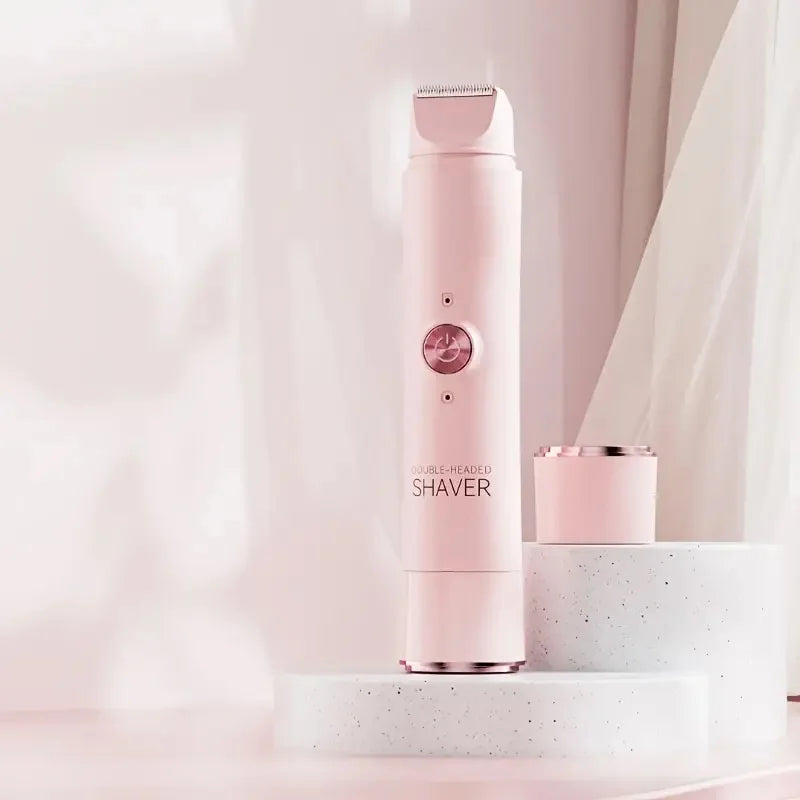 A pink electric shaver standing on a white round pedestal against a light background.