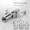 A silver universal grease nozzle and various coupling adapters for a grease gun.