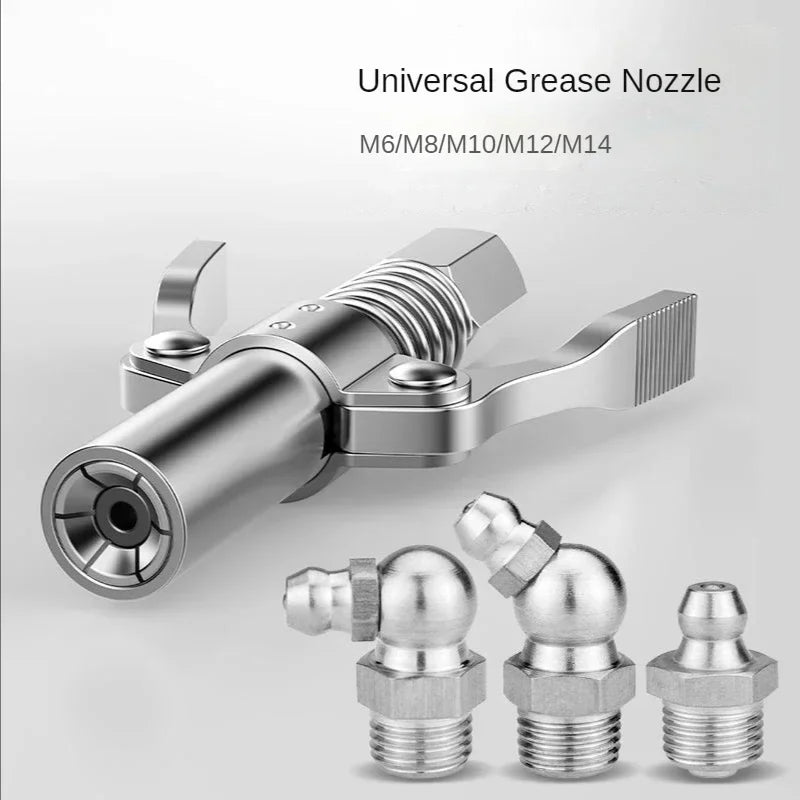 A silver universal grease nozzle and various coupling adapters for a grease gun.