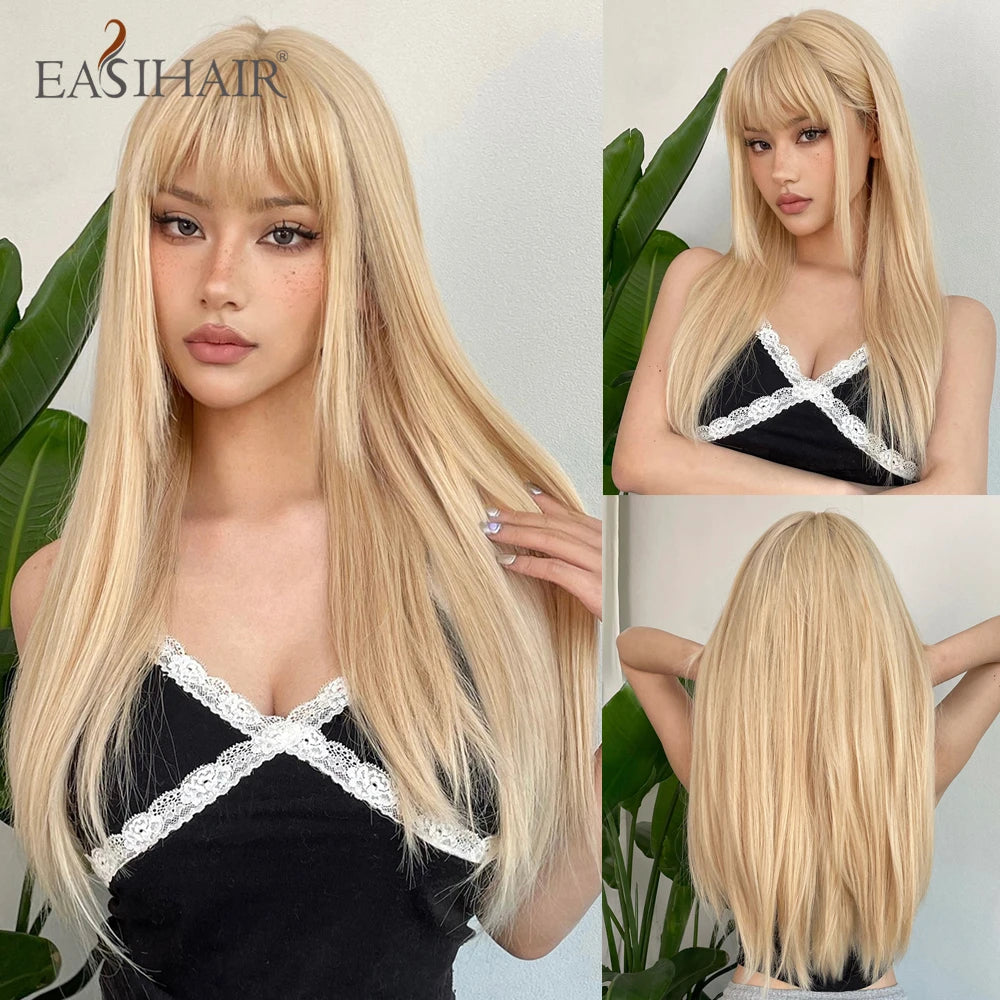 Rose Gold Layered Straight Wig with Bangs