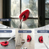 Replacement red microfiber mop heads for spin mop systems shown in various contexts.