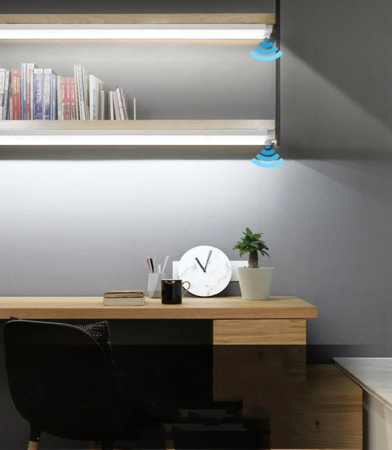 A modern office desk setup featuring a light shelf and a potted plant.