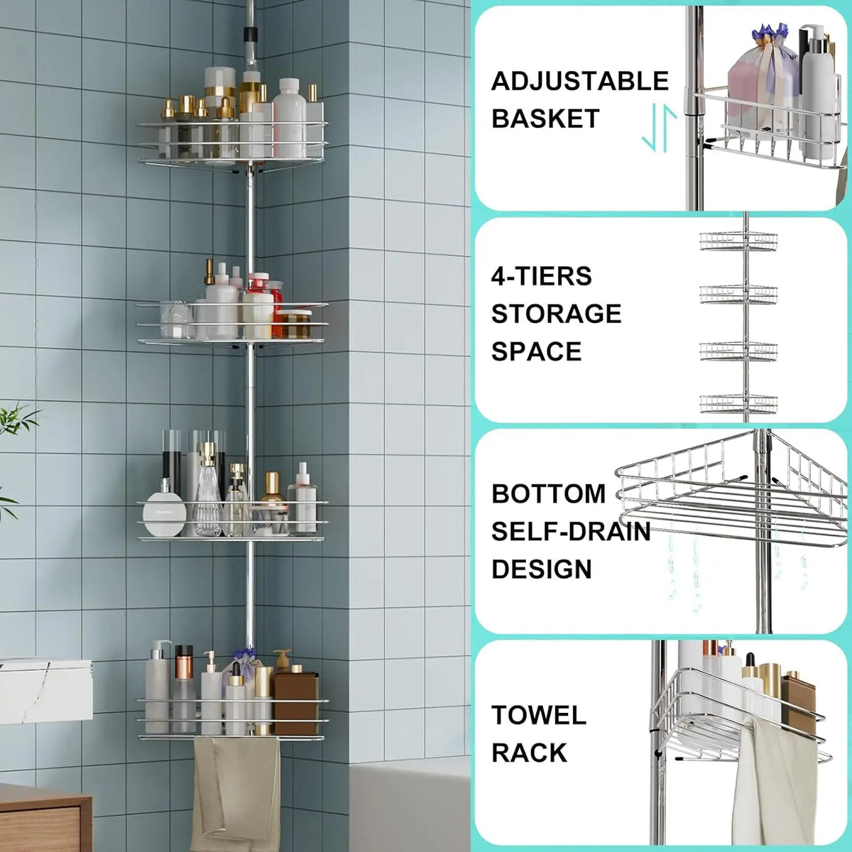 4-Tier Corner Shower Caddy with Adjustable Tension Pole