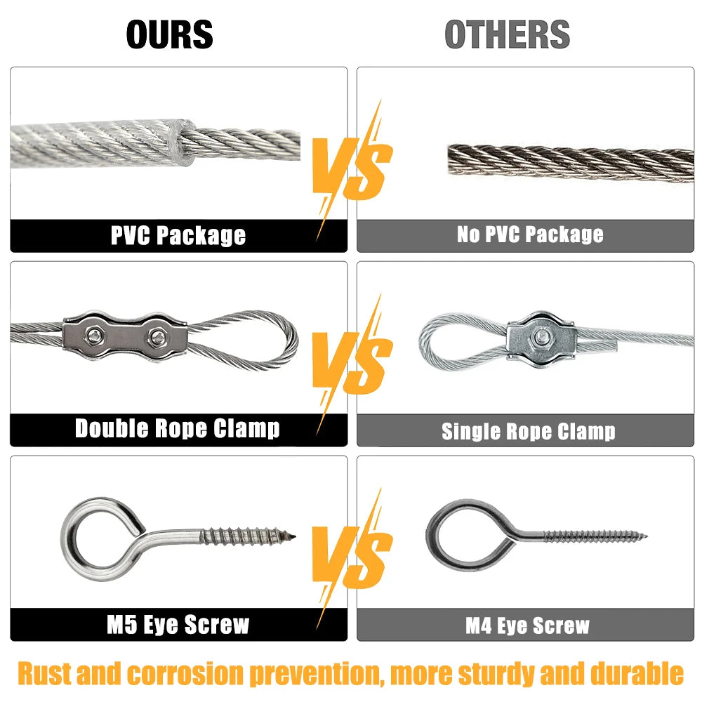 Comparison of PVC-coated stainless steel wire rope with sleeves and buckles versus single rope clamp and eye screws for rust 