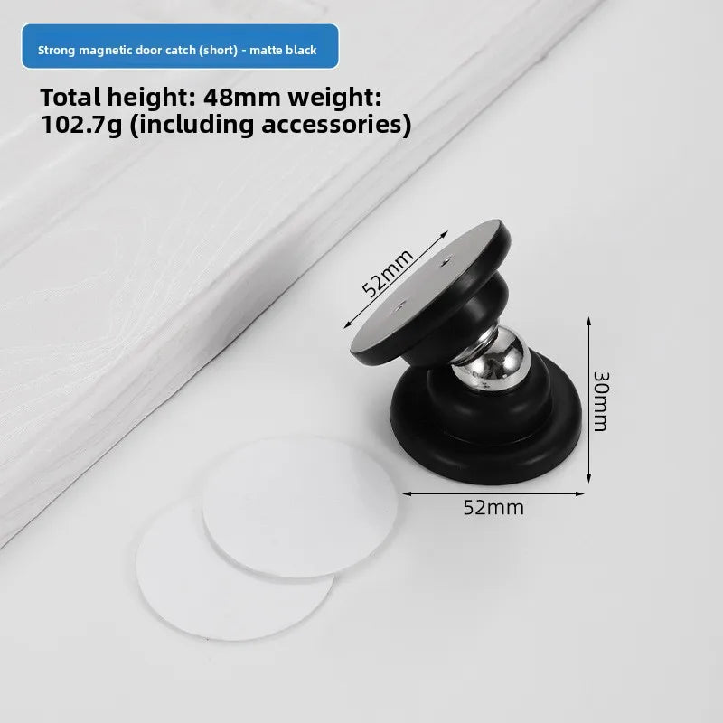 A close-up view of a strong magnetic door catch in matte black with dimensions and accessories shown on a white surface.