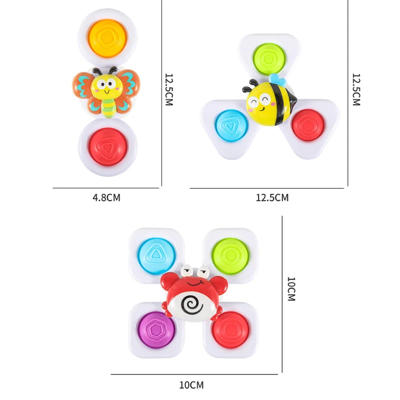 Three colorful spinning top fidget toys with watch bands shown in various sizes and colors.