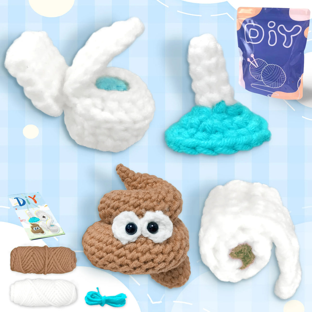 A set of beginner crochet kits featuring a white fluffy animal, a brown bird, and various yarn supplies.