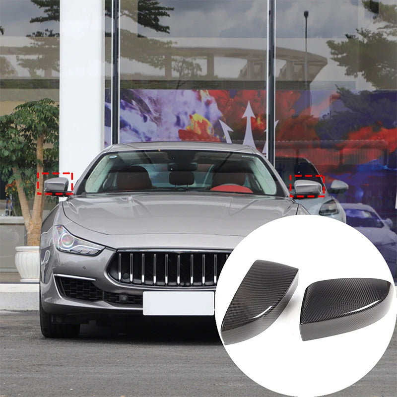 Carbon fiber side mirror covers for a Maserati Ghibli or Quattroporte car.