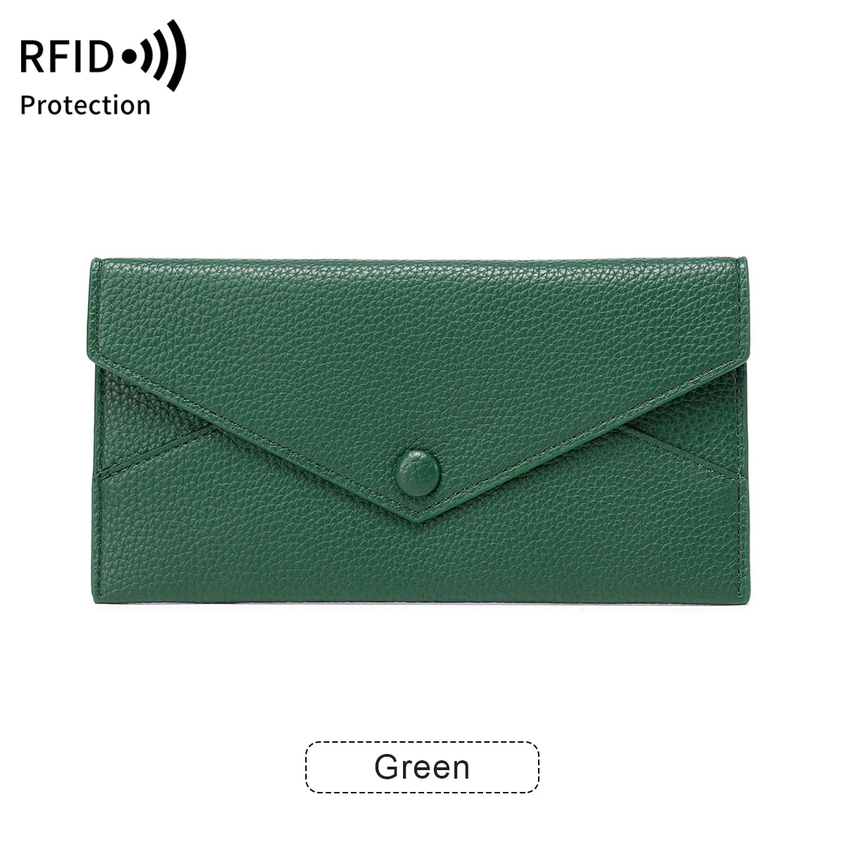 A dark green slim RFID-blocking PU leather wallet with card slots.