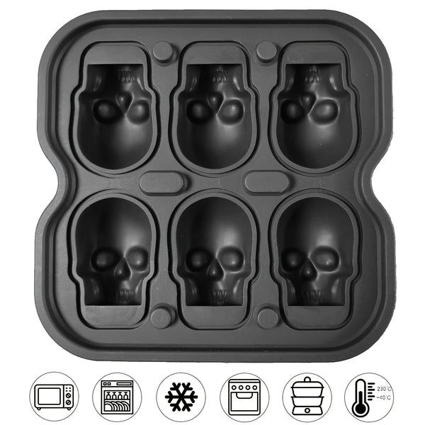 A black silicone ice cube tray with eight skull-shaped molds and various appliance icons.