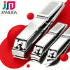 A set of precision stainless steel nail clippers for fingers and toes shown against a red background.