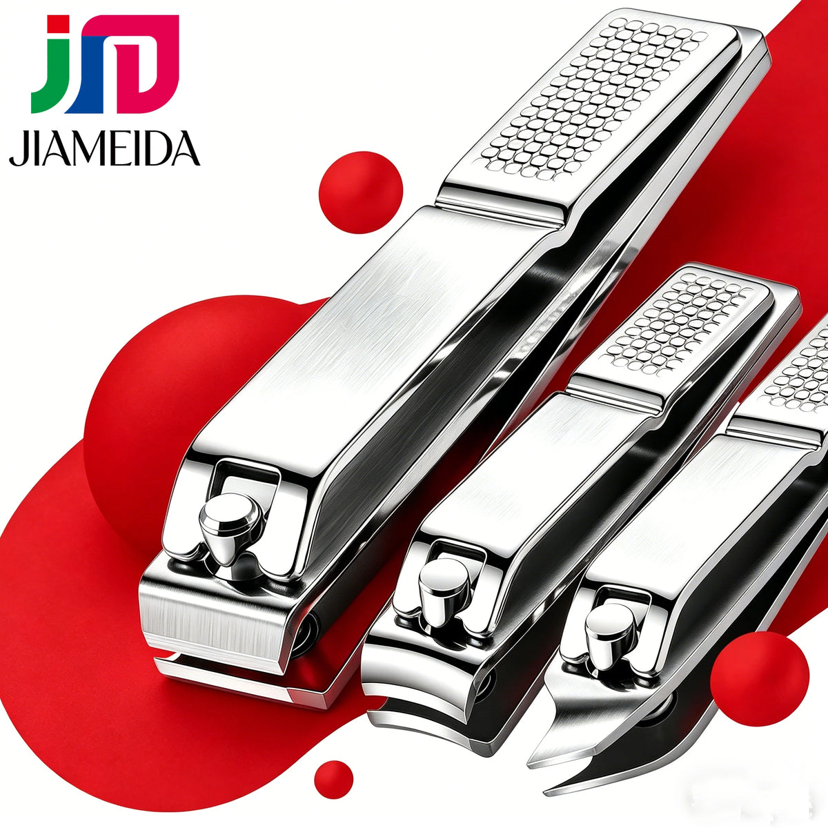A set of precision stainless steel nail clippers for fingers and toes shown against a red background.