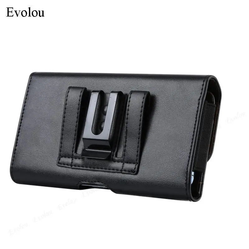 Black magnetic leather phone pouch with a belt clip holster.