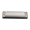 A silver harmonica with ten holes and a C key is shown in a black case.