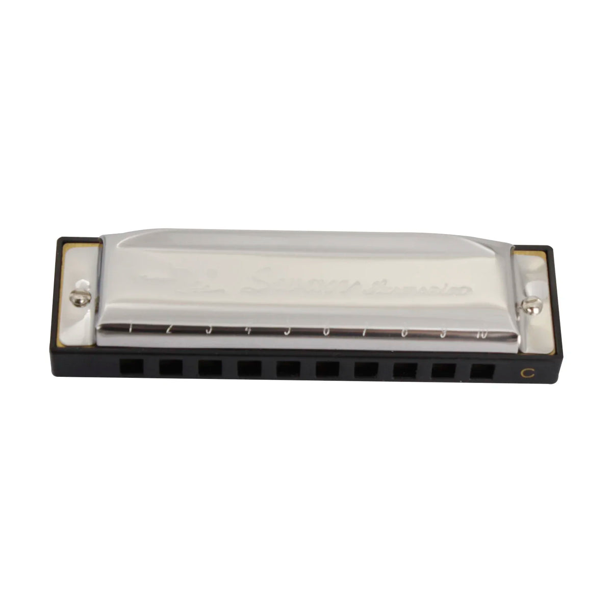 A silver harmonica with ten holes and a C key is shown in a black case.