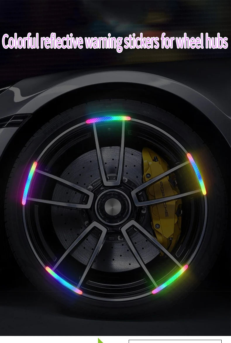 Colorful reflective warning stickers applied to a car wheel hub for night safety and style