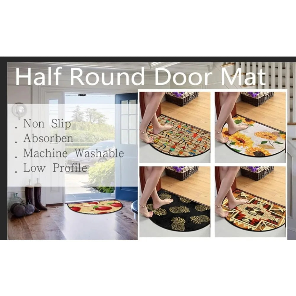 A half round doormat with a whimsical boho dragonfly design shown in various close-up angles.