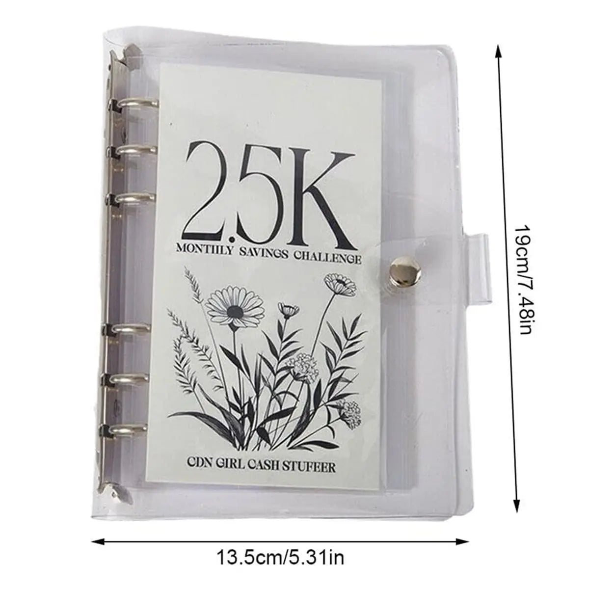 Klarer Plastik-Geldclip mit dem Text 25K Monthly Savings Challenge und CDN Girl Cash Stuffer.