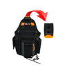 Black heavy duty electrician tool pouch with multiple pockets and a red arrow graphic
