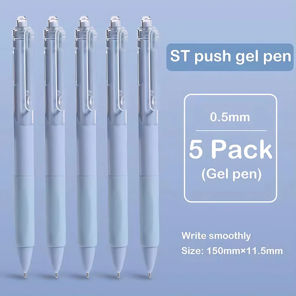 A set of five white ST push gel pens with 0.5mm fine points shown in a row.