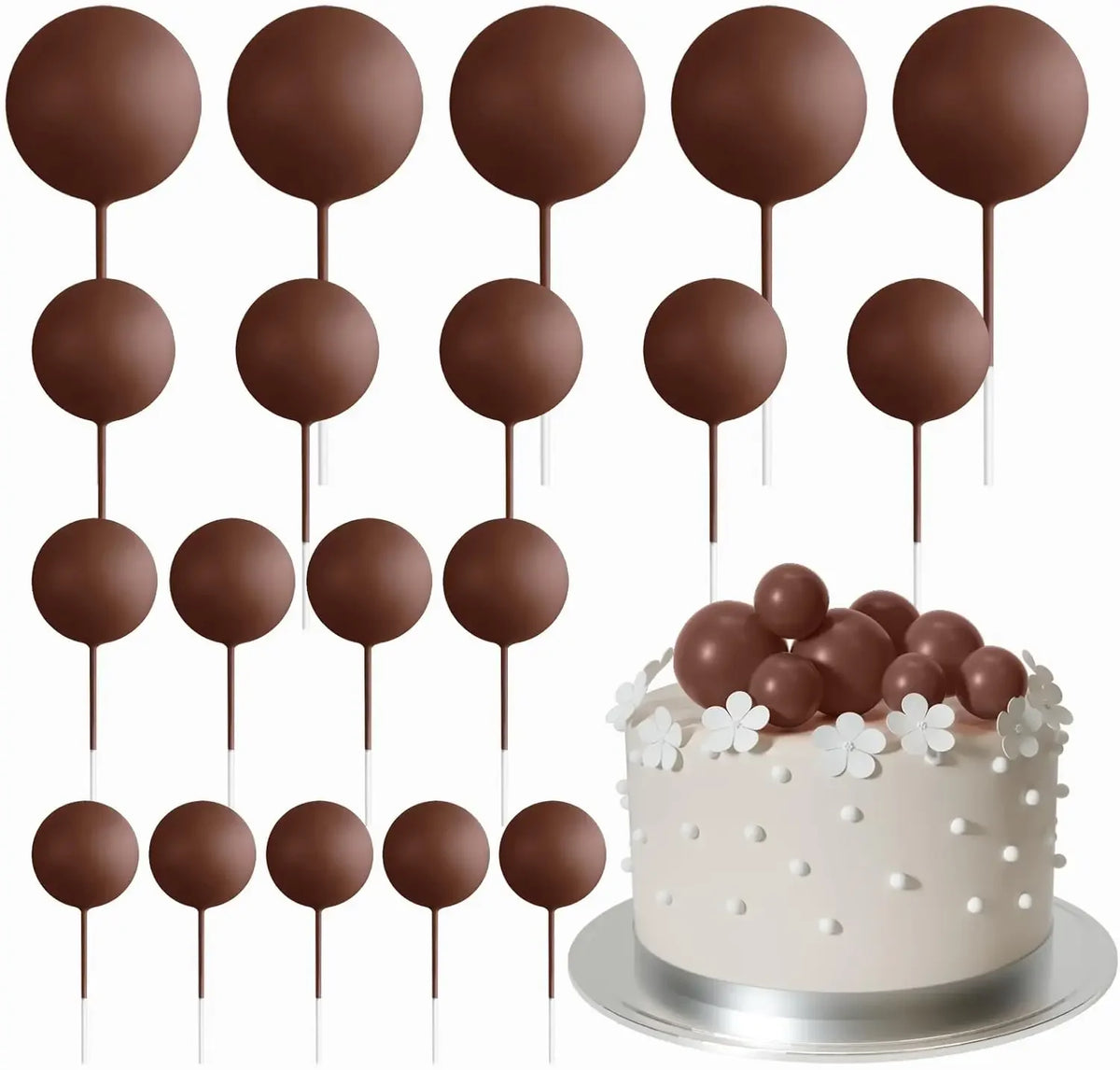 Eine Sammlung von 20 braunen kugelförmigen Tortenaufsätzen auf Stäbchen um einen verzierten Kuchen angeordnet.