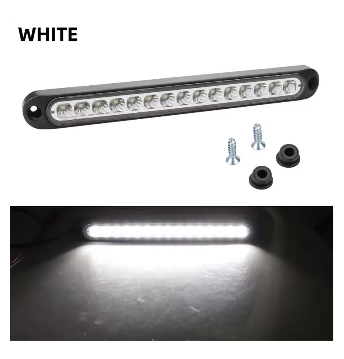 White 15-LED multi-function brake and signal light bar for vehicles.