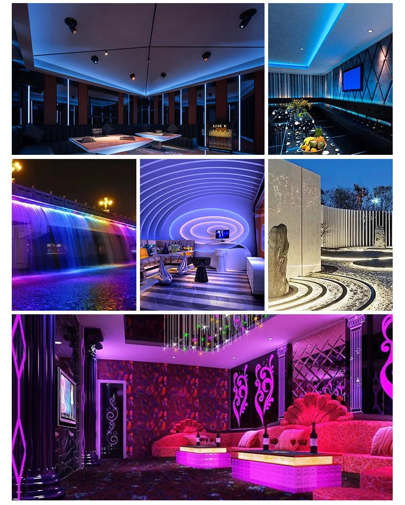 Interior shot of a luxurious room featuring pink and purple LED lighting accents and decorative elements.