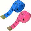 A blue and pink flexible soft tape measure rolled up, showing markings for measuring.
