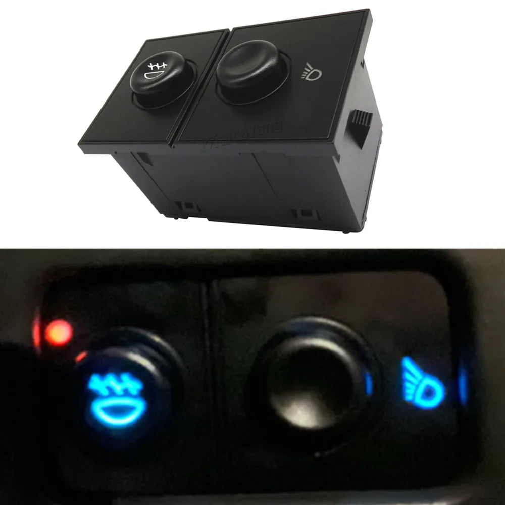 A black electronic switch with two rotary knobs and a light indicator, used for headlights and fog lights.