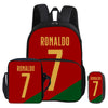 A red and green football themed backpack set featuring the name Ronaldo and the number 7.