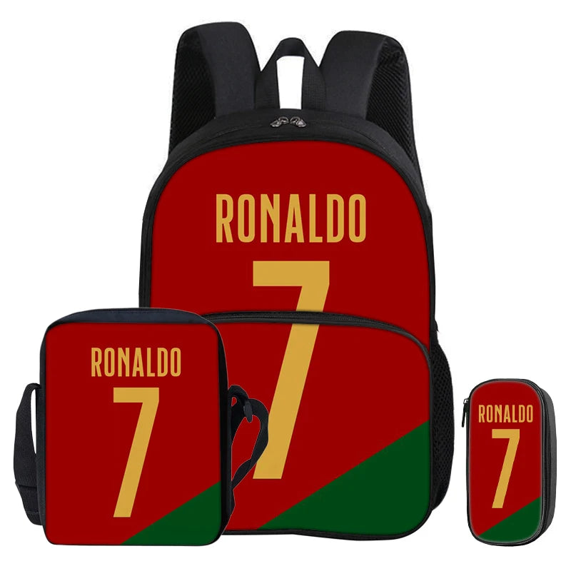 A red and green football themed backpack set featuring the name Ronaldo and the number 7.