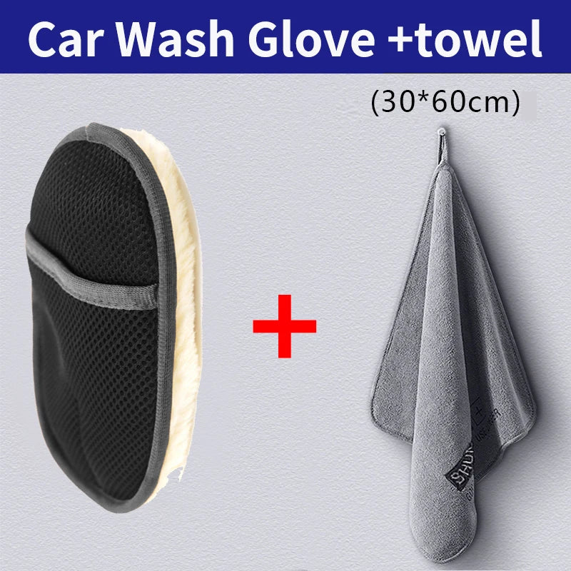 A black car wash glove and towel set, measuring 30x60cm.