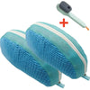 A pair of light blue shoe washing machine bags with soft bristled cleaning brushes and a red plus sign.
