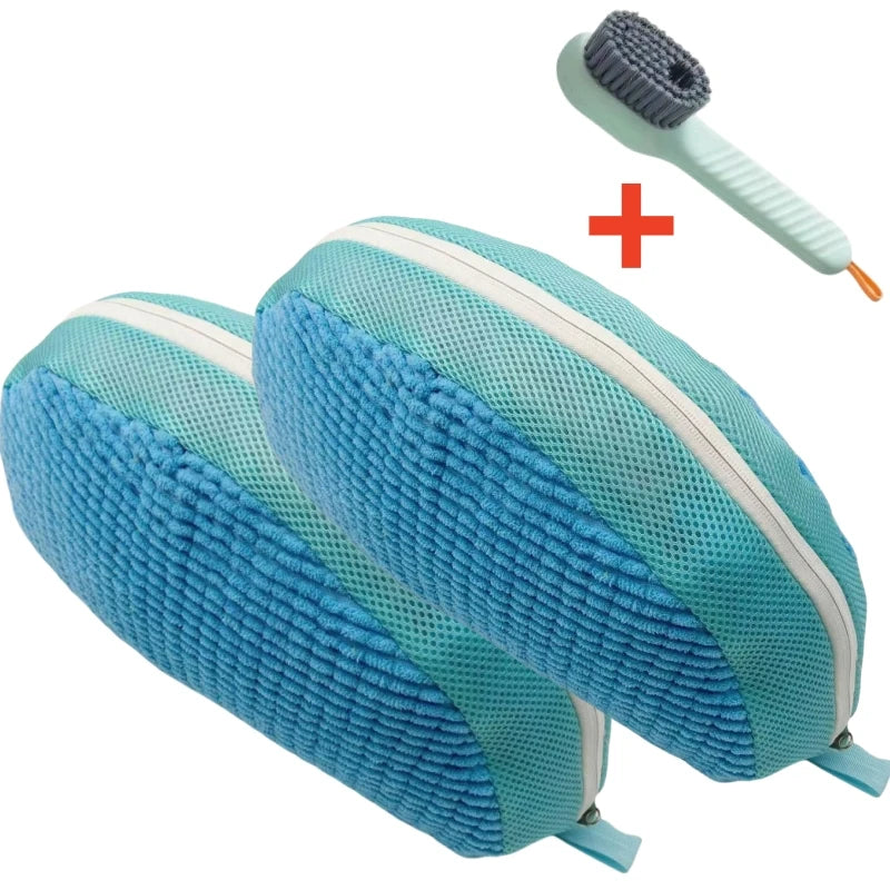 A pair of light blue shoe washing machine bags with soft bristled cleaning brushes and a red plus sign.