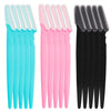 A set of precision eyebrow razors in light blue, pink, and black for facial grooming.