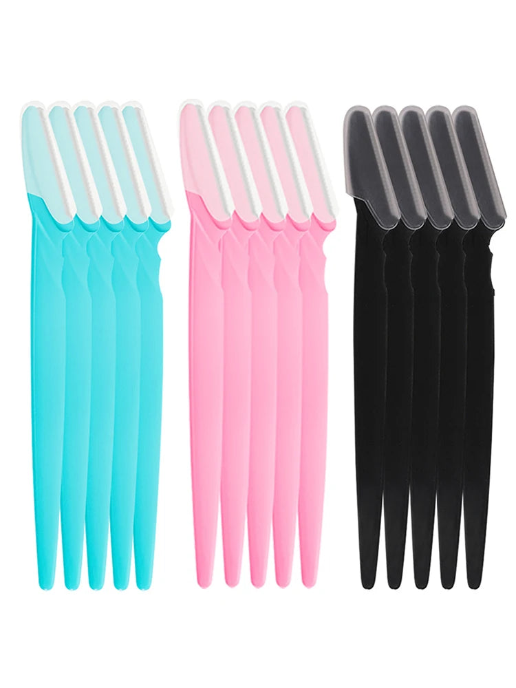 A set of precision eyebrow razors in light blue, pink, and black for facial grooming.