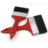 A red paint brush with a silver ferrule and black bristles is shown on a white background.