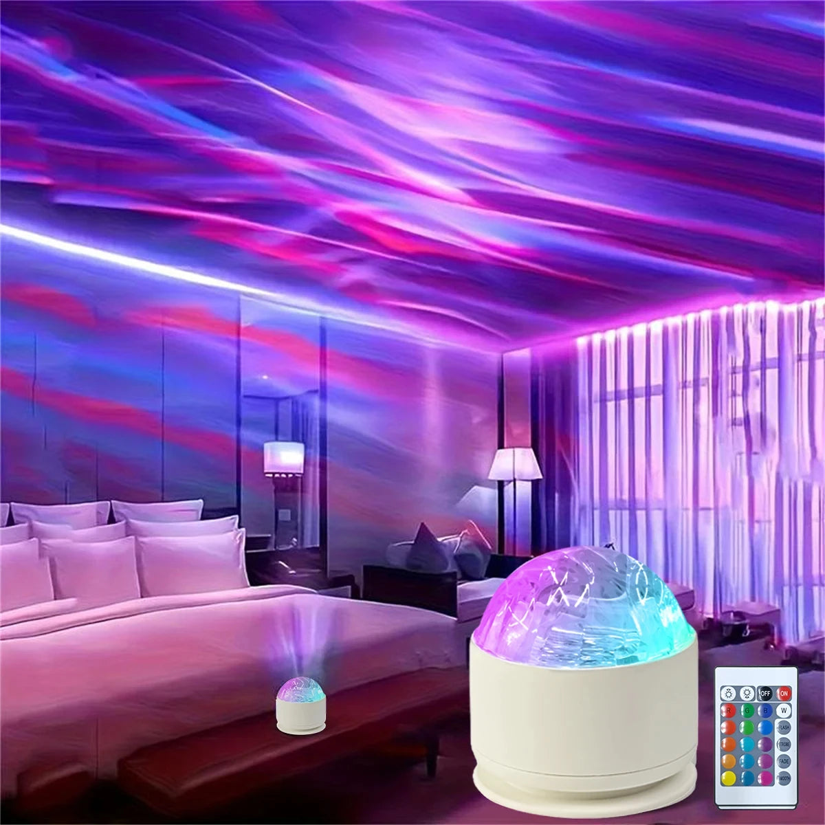 A bedroom scene featuring a bed and mirror illuminated by purple and pink light, with an LED projector lamp on a bedside tabl