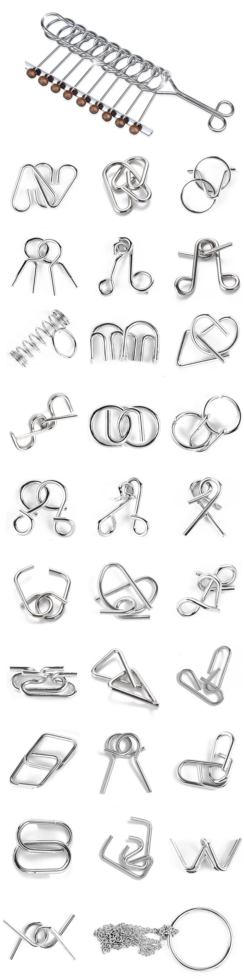 A collection of various metal wire puzzle brain teasers and tangles.