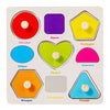 A wooden 3D jigsaw puzzle featuring various geometric shapes like circle, square, pentagon, ellipse, heart, hexagon, and tria