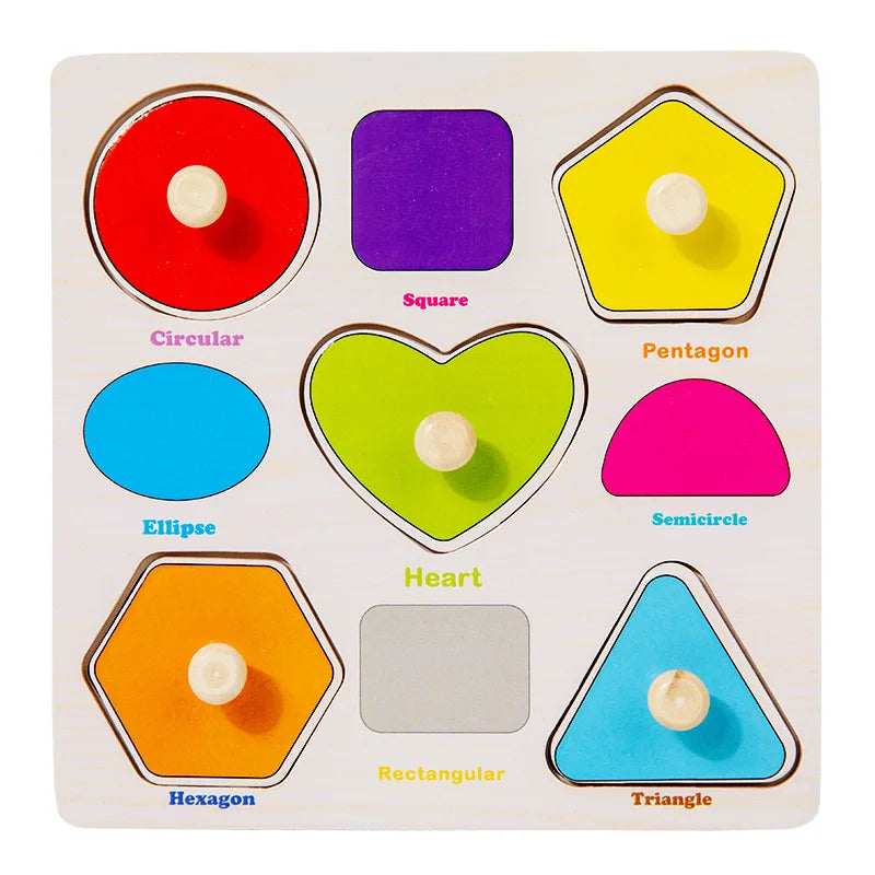 A wooden 3D jigsaw puzzle featuring various geometric shapes like circle, square, pentagon, ellipse, heart, hexagon, and tria