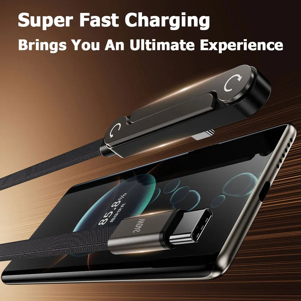 A black USB-C fast charging cable with a foldable phone stand is shown next to a smartphone.