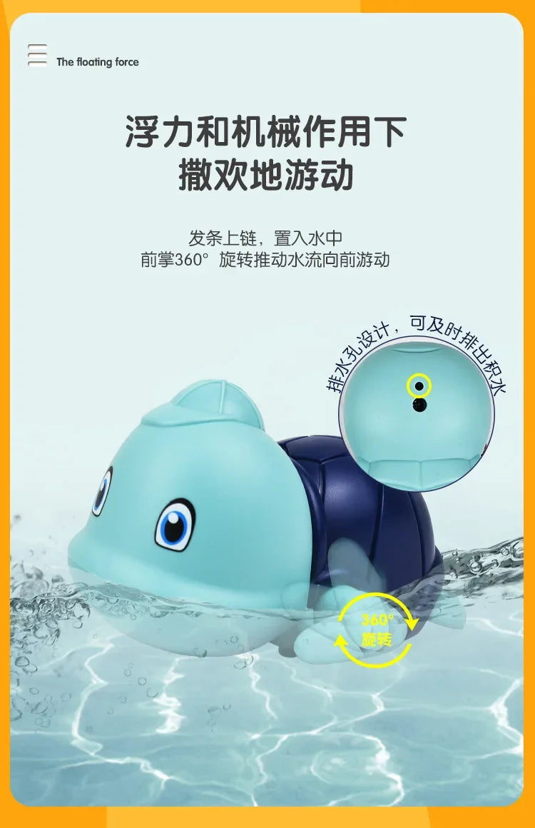A light blue cartoon turtle bath toy is shown floating in water, with surrounding splashing.