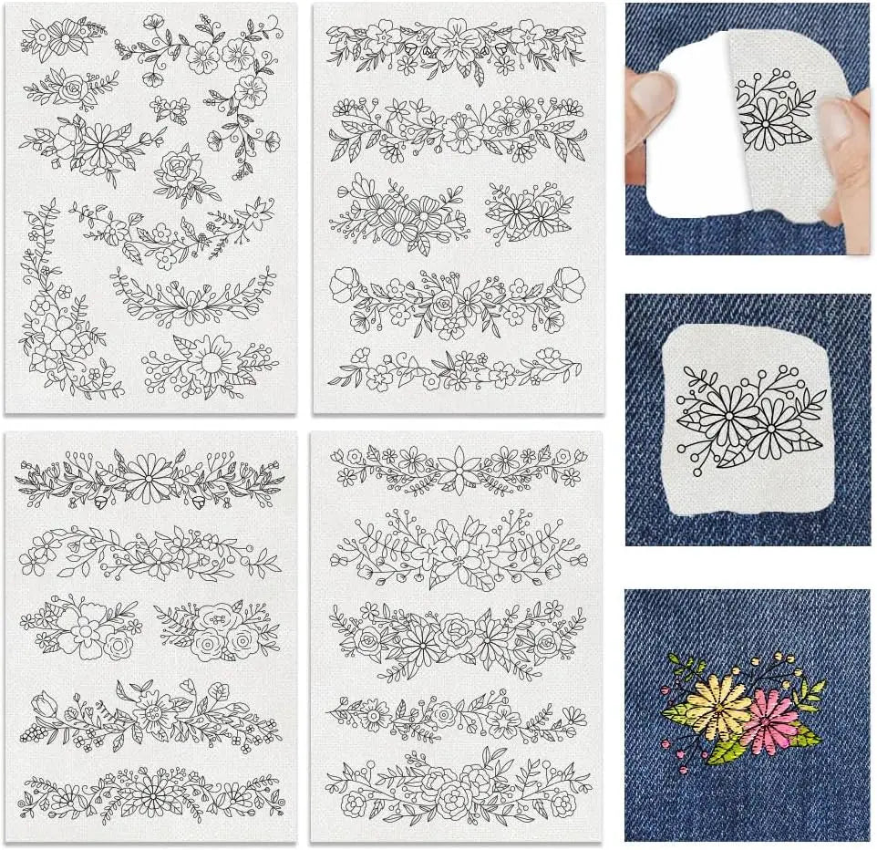 Pre-Printed Water-Soluble Embroidery Stabilizer Sheets with Floral & Letter Patterns