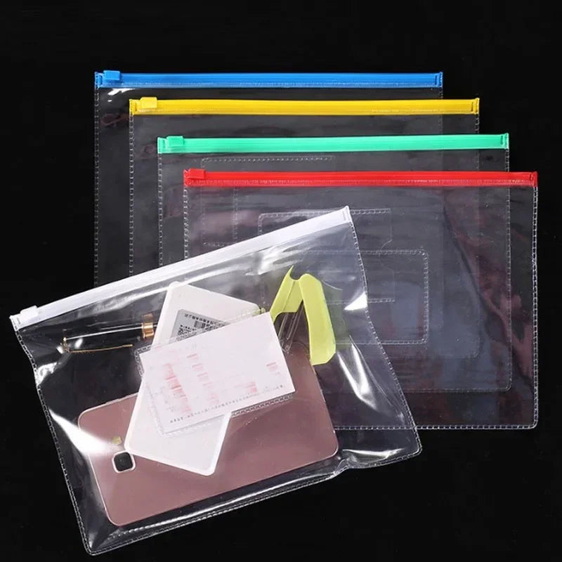A set of transparent A4 document organizer pockets with colored dividers stacked on a black background.