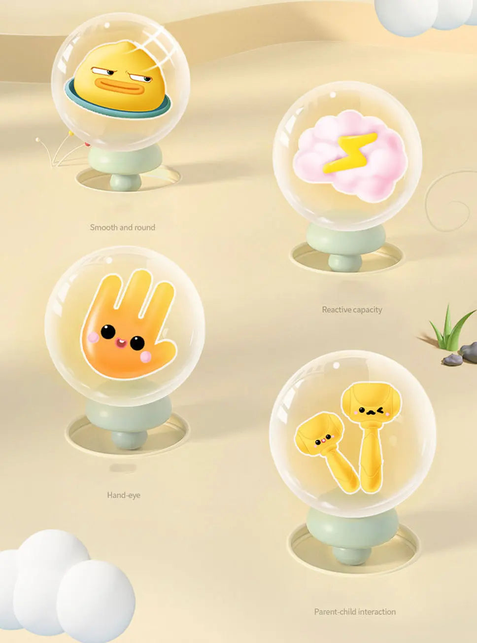 A collection of clear, round plastic toys featuring various animal designs like a duck, frog, and hand-eye shape for parent-c