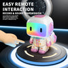 A white robot with a glowing face is being controlled by a hand, demonstrating easy remote interaction and sound transmission