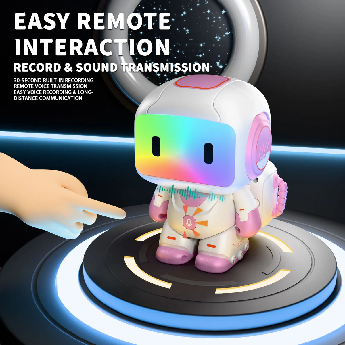 A white robot with a glowing face is being controlled by a hand, demonstrating easy remote interaction and sound transmission