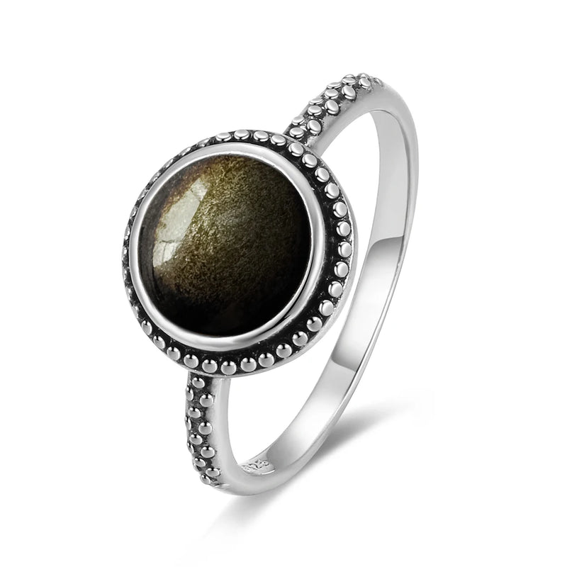 Vintage Sterling Silver Obsidian Ring with Sun and Flower Motif