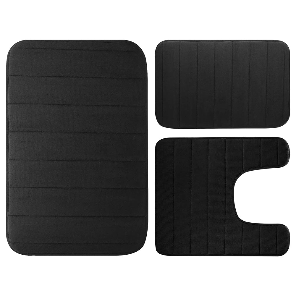 Black plush memory foam bath mat set with non-slip backing